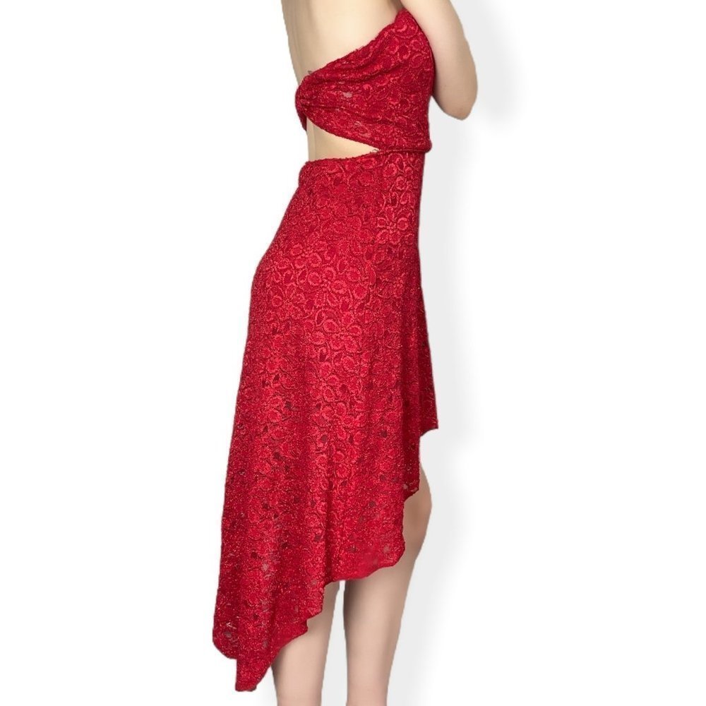 3/$30 ⭐️ 𝅺90s Sparkly Lace Red High Low Strapless Dress Open Back - Picture 4 of 6